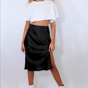 Black satin midi skirt